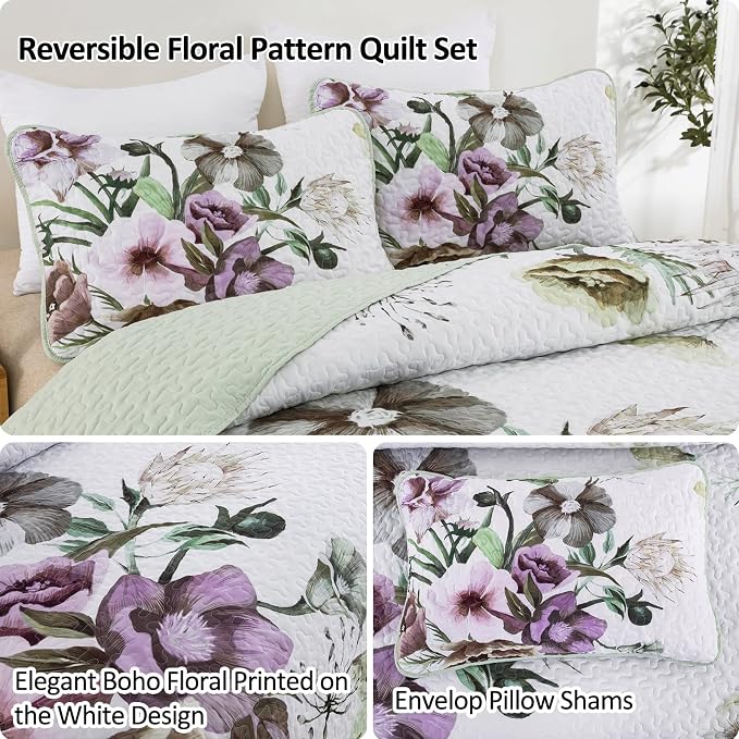 Floral Quilt Set King 3 Pieces Boho Green Quilt Coverlet Set Soft Microfiber - Image 5