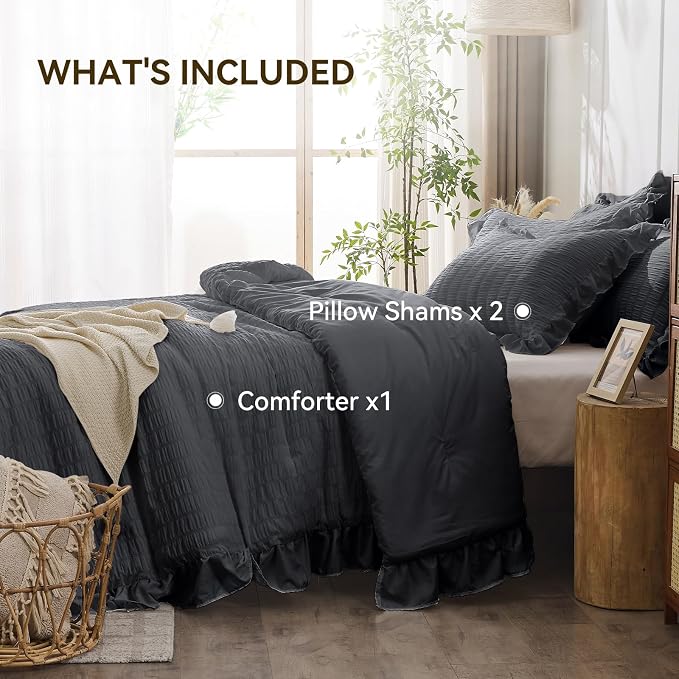 JOLLYVOGUE Dark Gray Queen Comforter Set, 3 Pieces Seersucker Bedding Comforter - Image 6