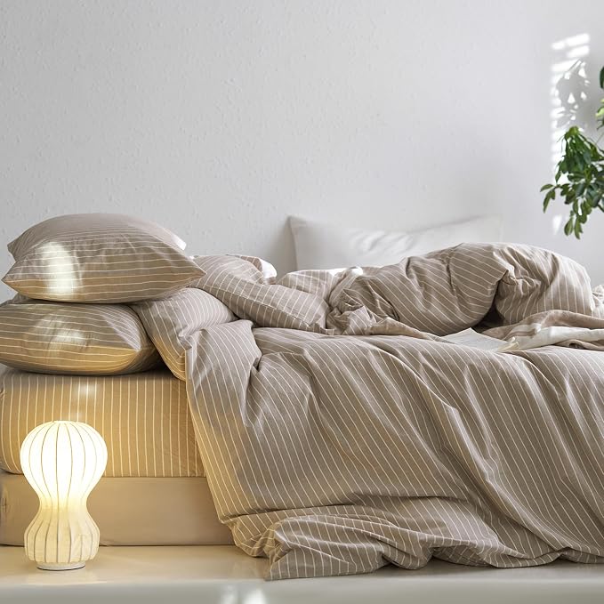 MooMee Striped Duvet Cover Set 100% Washed Cotton Linen Like Textured - Image 6