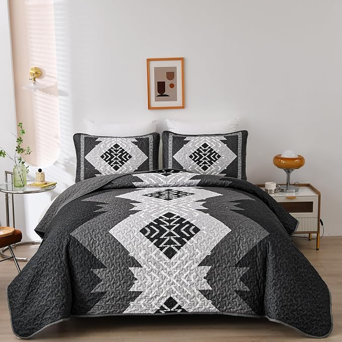 Dintszyayue Boho Quilt Set King Size 3 Pieces Black Grey Aztec Texture by Dintszyayue