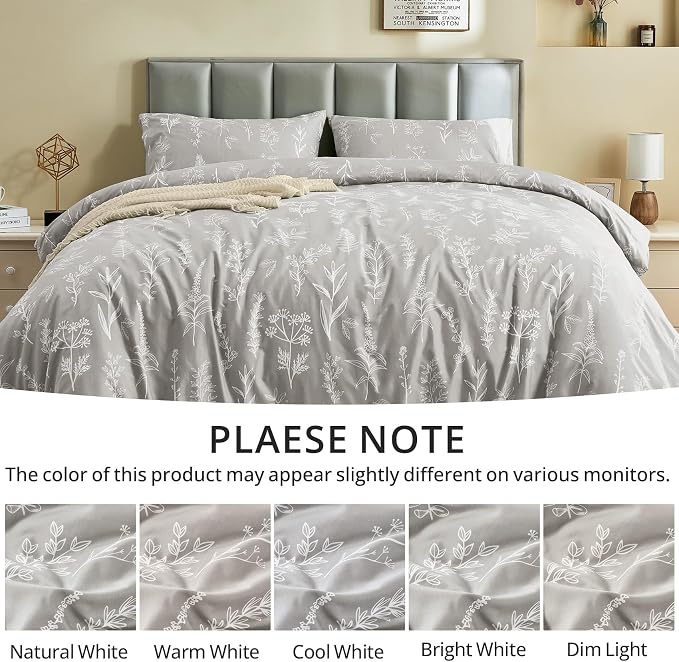 MUXHOMO Duvet Cover Queen Size, Reversible Floral Silver Gray Duvet Cover Set - Image 7