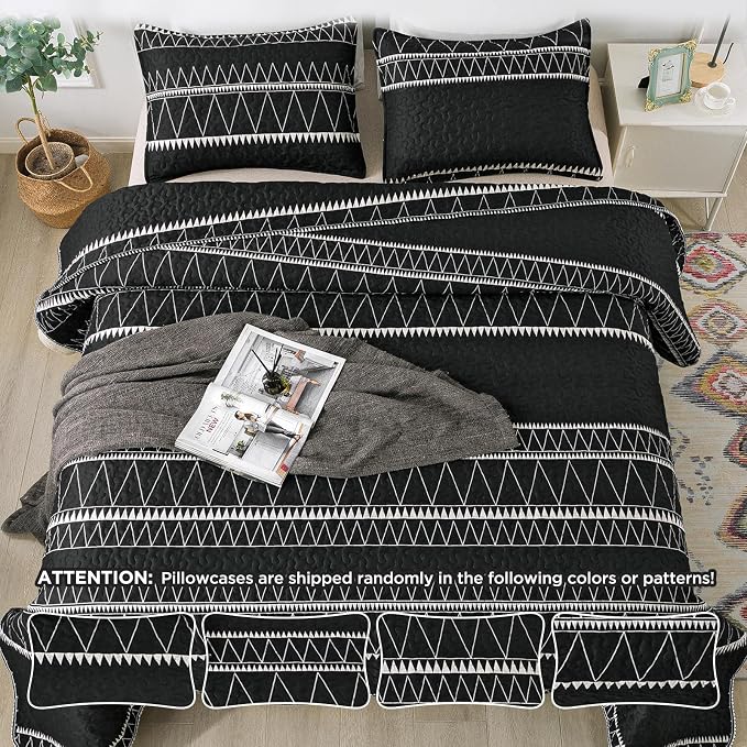 Andency Black King Size Quilt Set, 3 Pieces Boho Lightweight Soft Striped - Image 5