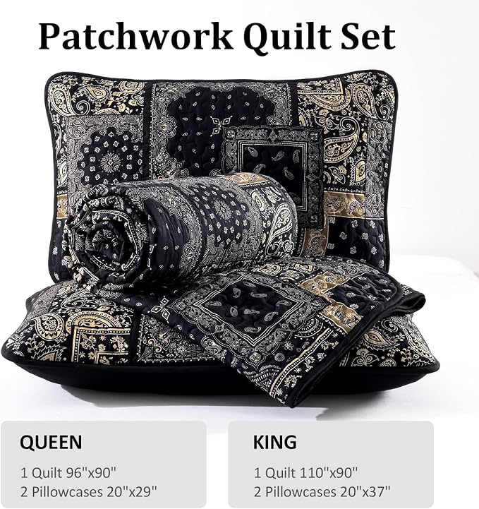 Cottolester Boho Patchwork Quilt Set King Size, Paisley Floral Bedding Set Soft - Image 8