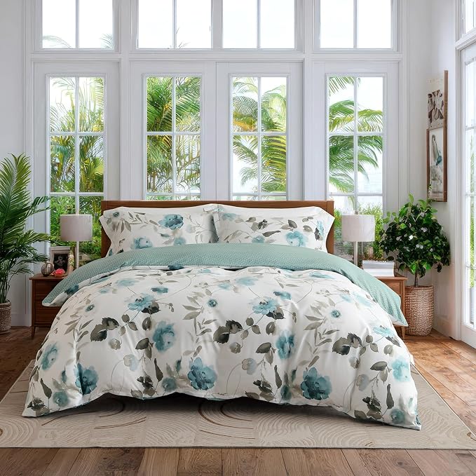 OAITE Duvet Cover King Size, Reversible Green Ink wash Flower White Duvet Cover by OAITE