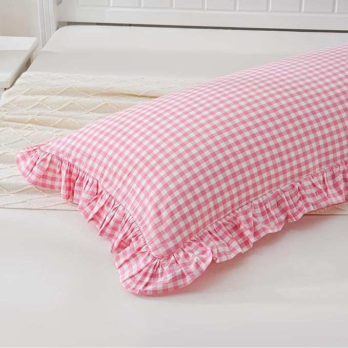 Pink/White Gingham Body Pillow Sham 20x54 inches, 100% Washed Cotton Ruffled - Image 5