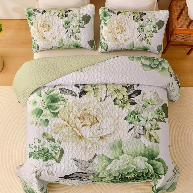 WONGS BEDDING Green Floral Quilt Set King, 3 Pieces Reversible Lightweight - Image 3