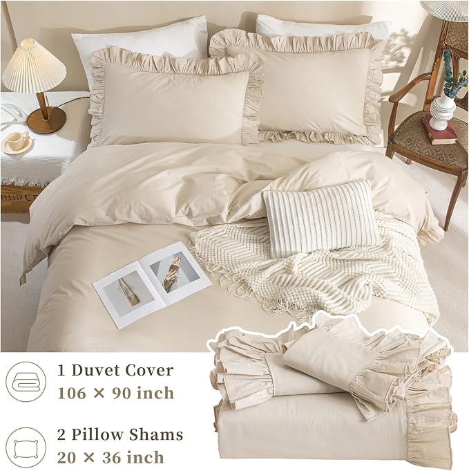 QSH Washed Cotton Duvet Cover King Ruffle Duvet Cover Linen Feel Textured - Image 6