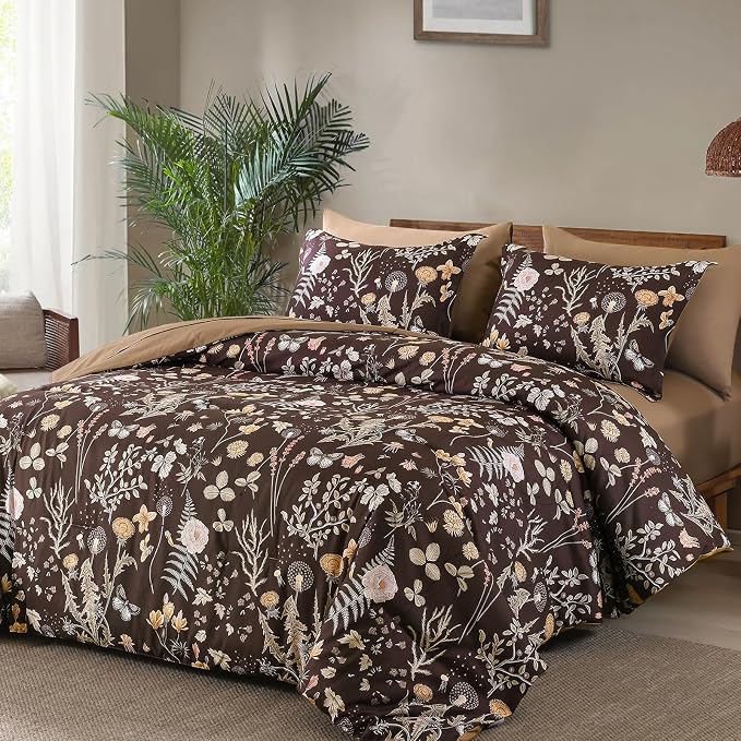 Yiran Brown Comforter Set King Size, 7 Piece Floral Comforter Bedding Set - Image 2