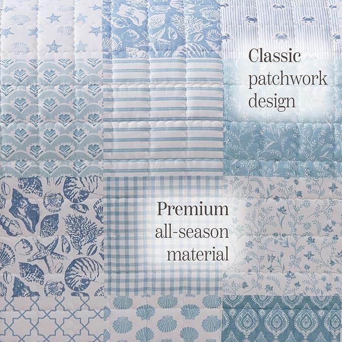 BLOOMHAVEN Quilt Set King Size, Patchwork Sea Blue Floral Quilt Sets, - Image 6