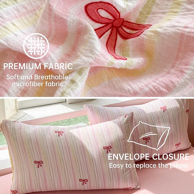 BOLINLIVING Pink Bow Duvet Cover King Size, Girls Cute Striped Bowknot Yellow - Image 5