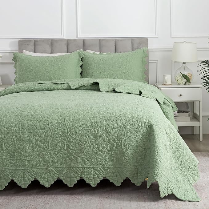 Brandream Luxury King Quilt Set Cotton Sage Green Floral Vine Stitching - Image 7