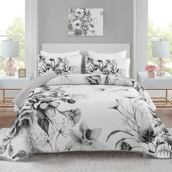 Floral Quilt Set King 3 Pieces Grey Floral Quilt Coverlet Set Soft Microfiber by DRUCON