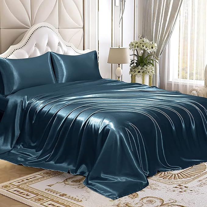 Homiest Deep Sea Blue Satin Twin Luxury & Ultra Soft Flat Sheet - Image 4