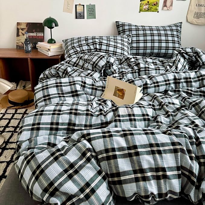 mixinni Vintage Grey & Pale Blue Buffalo Plaid Duvet Cover Set Twin XL Size - Image 8
