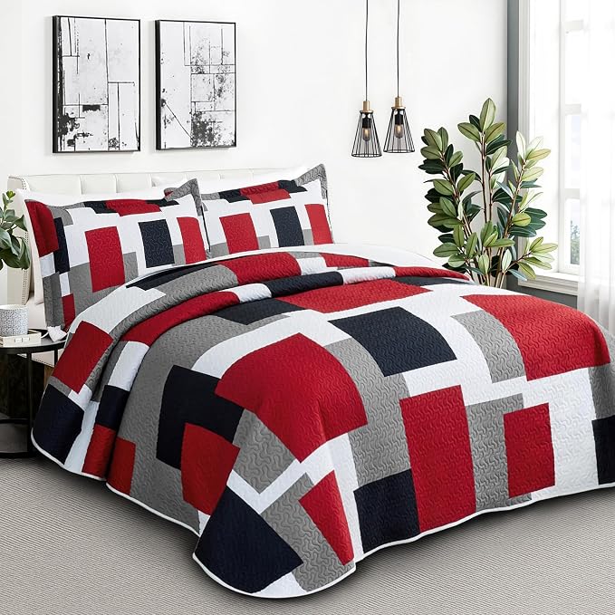 Tyrot 3 Piece Red Black Grey Quilt Set California King Size Red White Geometric - Image 2