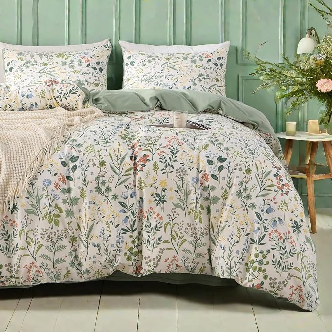 mixinni Flower Duvet Cover Twin XL Size, Sage Green Floral Duvet Cover Soft by mixinni