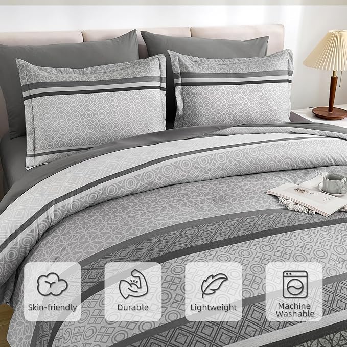 WONGS BEDDING Grey Comforter Set King Size, 7 Pieces Striped Bed in a Bag - Image 5