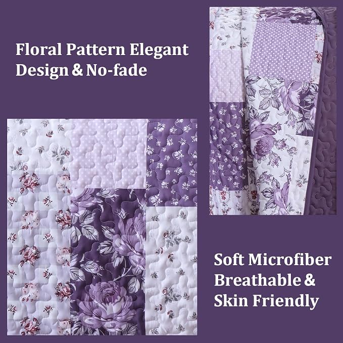 Anibedding Floral Patchwork Quilts Queen Size, 3Pieces Boho Farmhouse Floral - Image 3