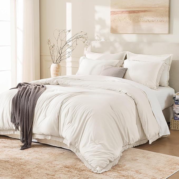 Andency King Size Comforter Set Beige, 3 Pieces Boho Lightweight Tassel Fluffy by Andency