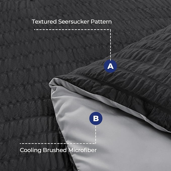 HYMOKEGE Black/Light Grey Twin Comforter Set Seersucker 5 Pieces, All Season - Image 4