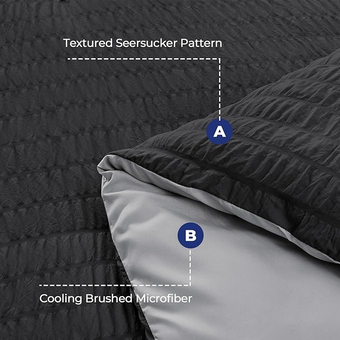 HYMOKEGE Black/Light Grey Duvet Cover Queen Size, Ultra Soft 3-Piece Seersucker - Image 3
