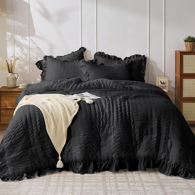 JOLLYVOGUE Black Comforter Full Size, 3 Pieces Seersucker Lightweight Full Size by JOLLYVOGUE