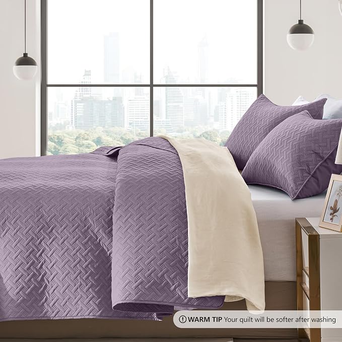 FLYMME Twin Quilt Set, Lightweight Grayish Purple Bedspreads, Basket Weave - Image 4