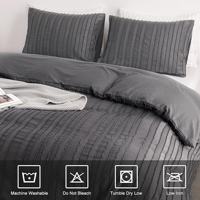 WARMDERN Gray Boho Duvet Cover Set King Size, Striped Textured Duvet Cover - Image 8