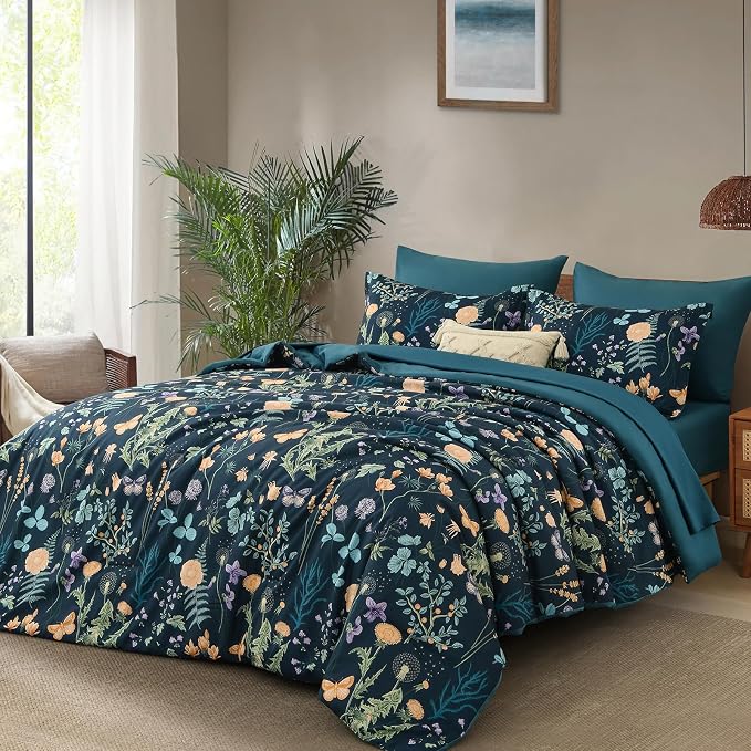 Yiran King Size Comforter Set 7 Pieces, Peacock Blue Botanical Floral Winter - Image 2
