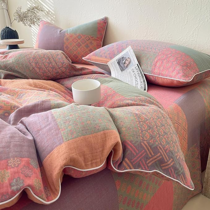 mixinni 100% Cotton Double Layer Yarn Duvet Cover Set, Vintage Patchwork Floral - Image 9