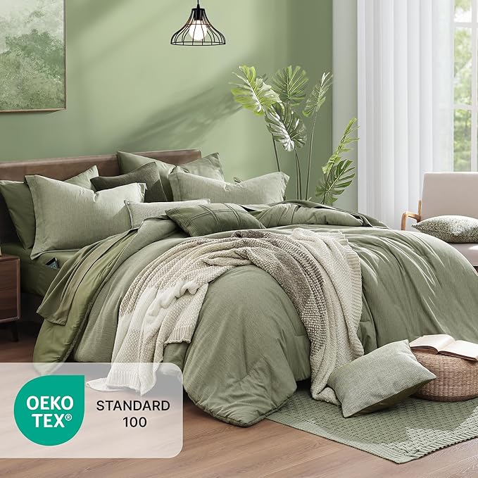 Monbix King Size Comforter Set, Sage Green King Size Bed Set Reversible 7 Pieces - Image 5