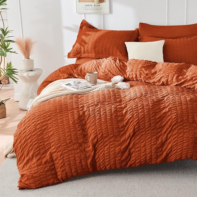 HYMOKEGE Burnt Orange Full Size Comforter Sets Seersucker 7 Pieces, All Season - Image 2