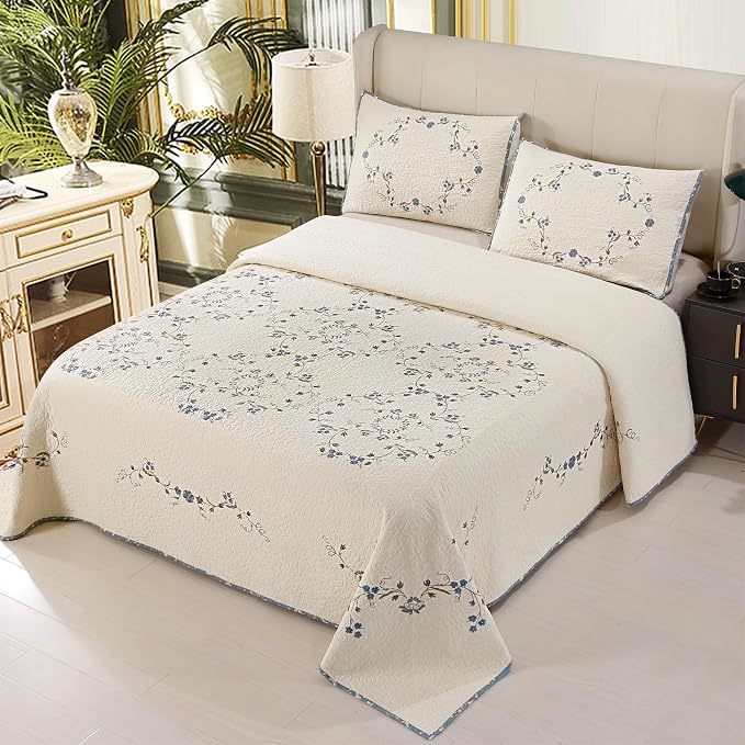 Quilt Set Blue Floral 3D Embroidery Pattern 3 PCS 100% Cotton Reversible - Image 2