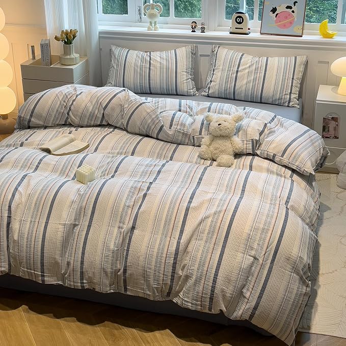 mixinni Vintage Blue and White Striped Duvet Cover Set Twin XL - Image 7