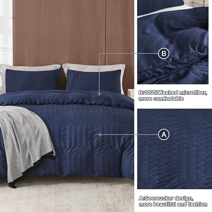 AveLom Navy Blue Duvet Cover King, 3 Pieces, Seersucker Textured Ultra Soft - Image 6