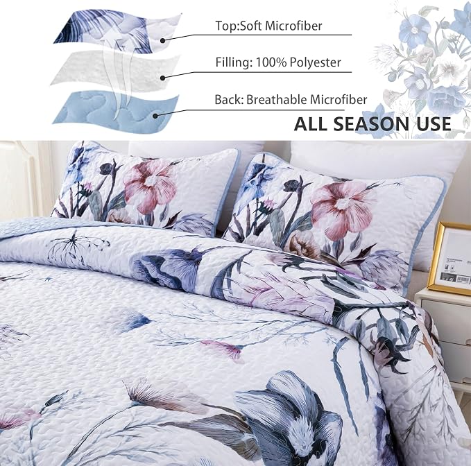 Floral Quilt Set Queen 3 Pieces Light Blue Floral Quilt Coverlet Set Soft - Image 5