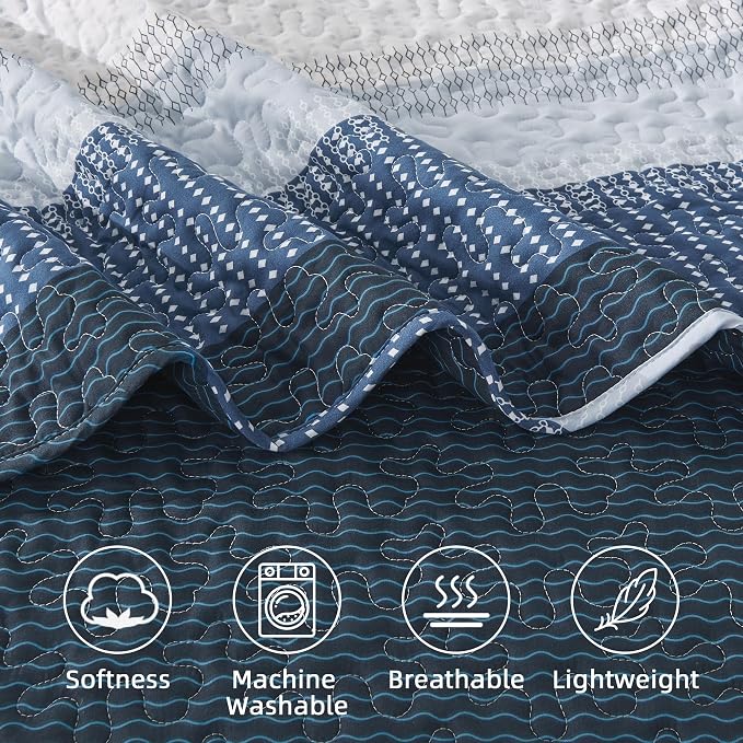 Andency Navy Blue Striped Quilt King, 3 Pieces Patchwork Bedspread Coverlet Set - Image 7