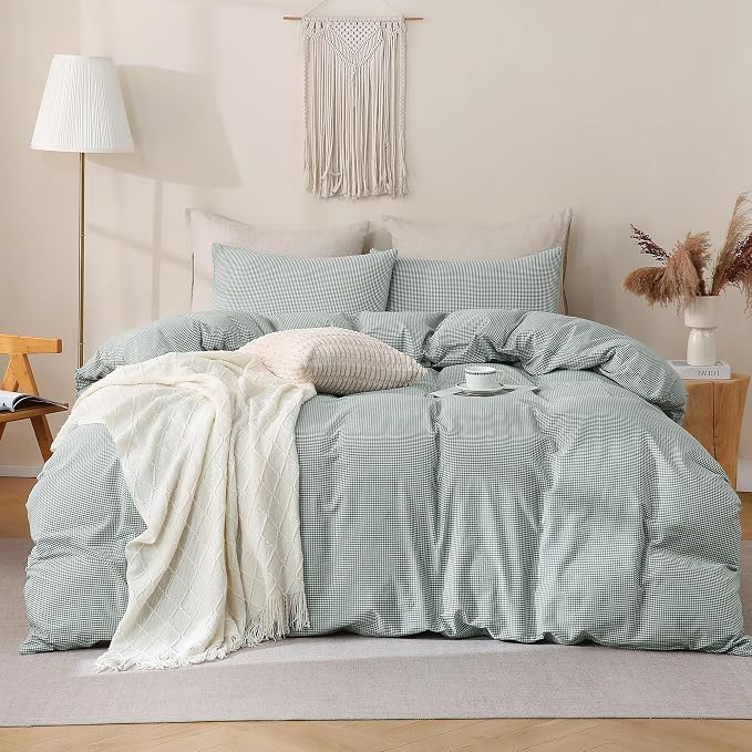 TOCOMOA Mini Gingham Green Duvet Cover Bedding Set 100% Washed Cotton Like - Image 3