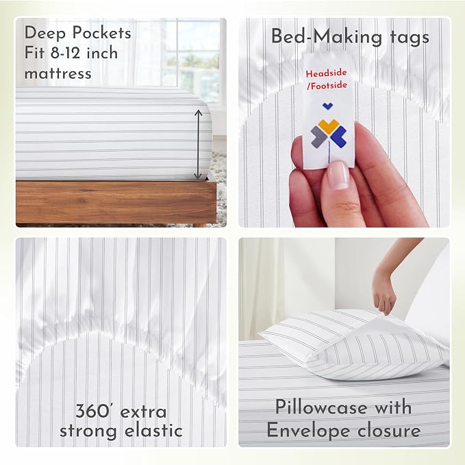 California Design Den Stripe Twin Sheets Set, 100% Cotton 12" Pocket Twin Size - Image 7