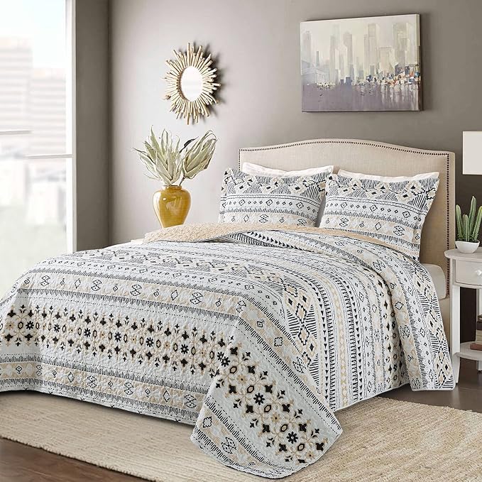 BEDIFANY Boho Quilt King Size Set, Lightweight Bedspread King Size Stripe Boho - Image 7