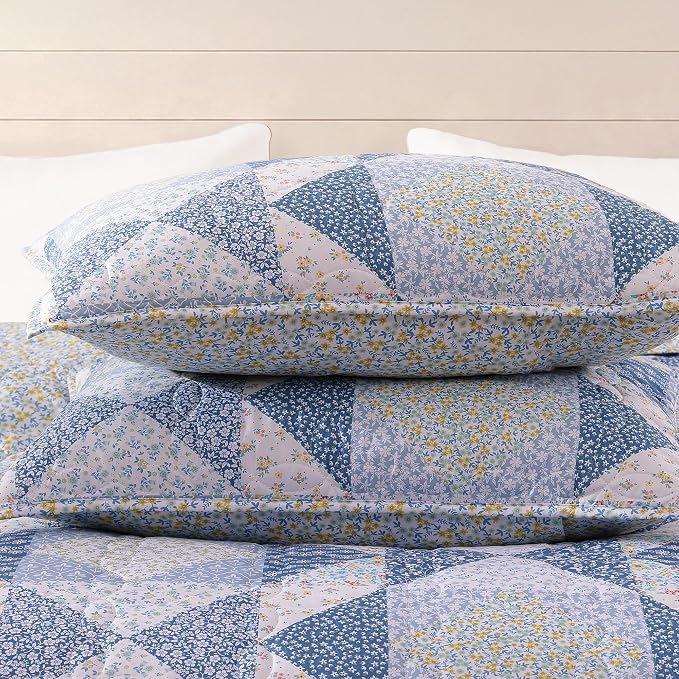 BLOOMHAVEN Quilt Set King Size, Patchwork Blue Marigold Floral Quilt Sets - Image 5