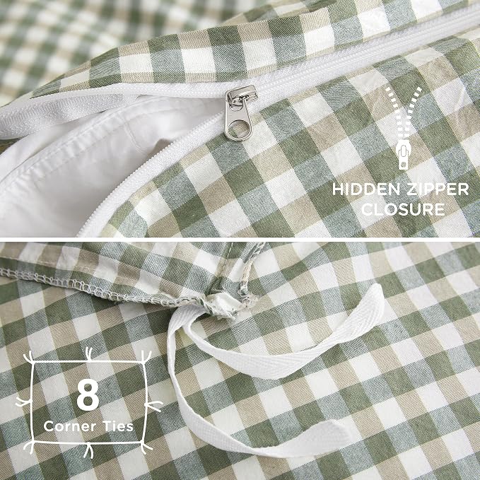 TOCOMOA Green Gingham Duvet Cover Bedding Set 100% Washed Cotton Like Linen - Image 6