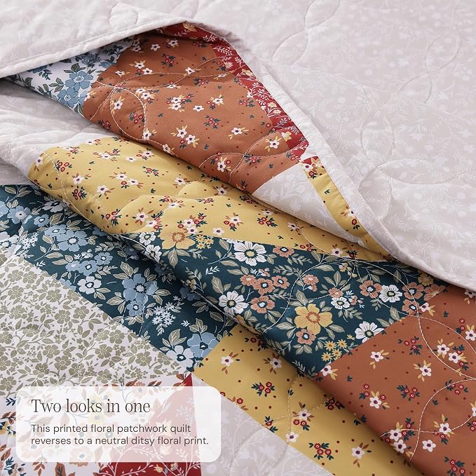 BLOOMHAVEN Quilt Set Queen Size, Patchwork Burnt Orange Floral Quilt Sets - Image 3