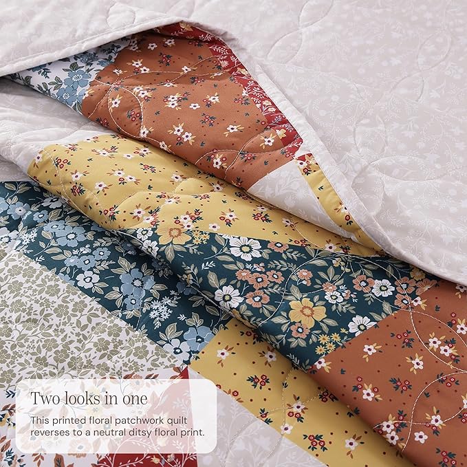 BLOOMHAVEN Quilt Set King Size, Patchwork Burnt Orange Floral Quilt Sets - Image 3