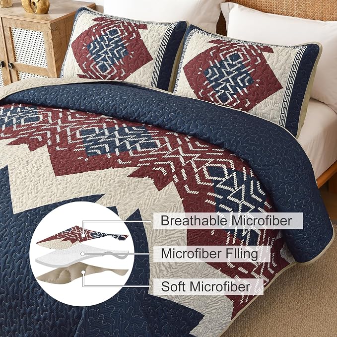 Dintszyayue Blue and Red Quilt Set King Size Boho, 3 Piece Aztec Texture - Image 6