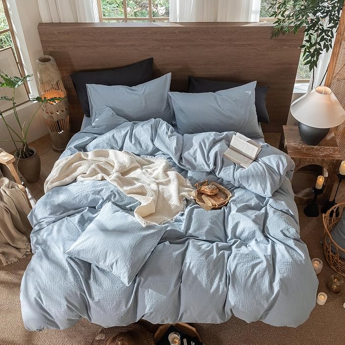 MooMee Wavy Striped Duvet Cover Set 100% Washed Cotton Linen Like Textured - Image 6
