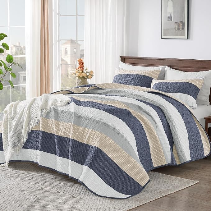 Andency Queen Quilt Bedding Set Yellow Blue, 3 Pieces Patchwork Summer Striped - Image 2