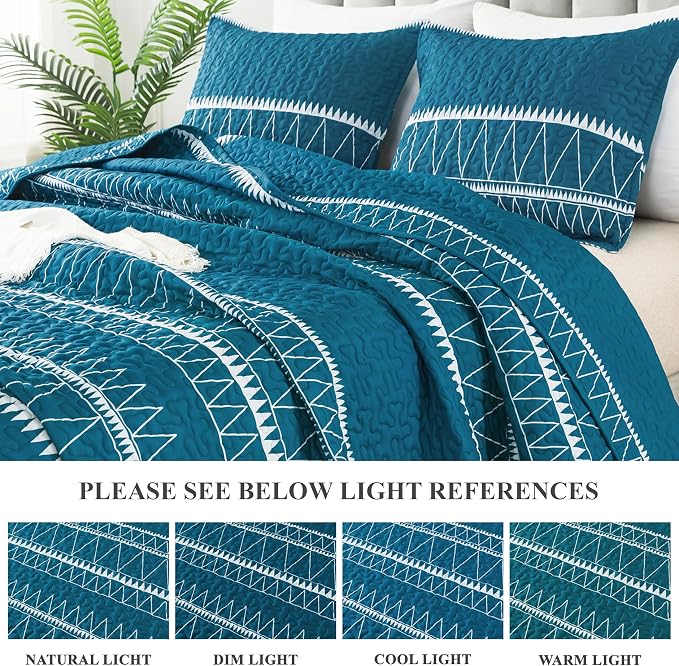 Andency Teal King Size Quilt Set, 3 Pieces Boho Lightweight Soft Striped - Image 3