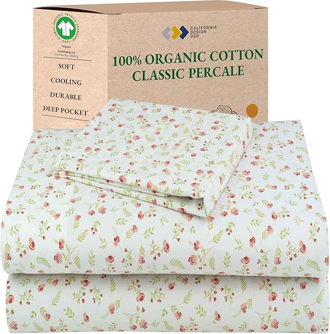 California Design Den Twin Floral Sheet Set, 100% Organic Cotton Percale Sheets by CaliforniaDesignDen