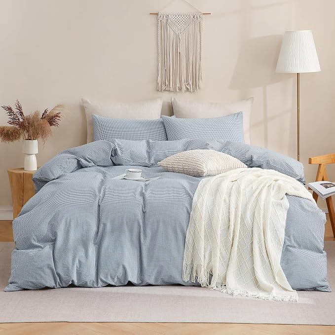 TOCOMOA Mini Gingham Blue Duvet Cover Bedding Set 100% Washed Cotton Like Linen - Image 3